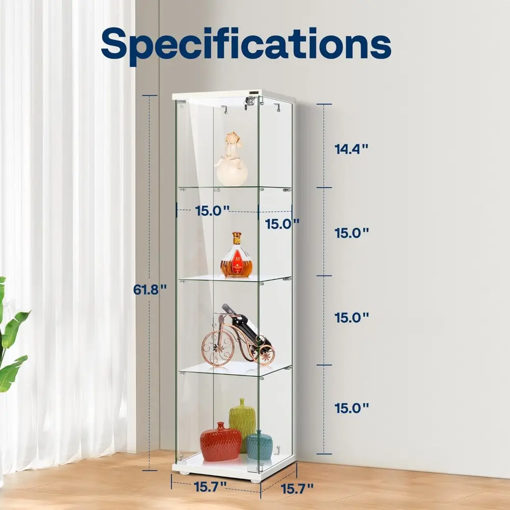 4 Layers 15.7''W x 15.7''D x 62.6''H Glass Display Cabinet Countertop Showcase with Lock, 5mm Tempered Glass 25mm MDF Base