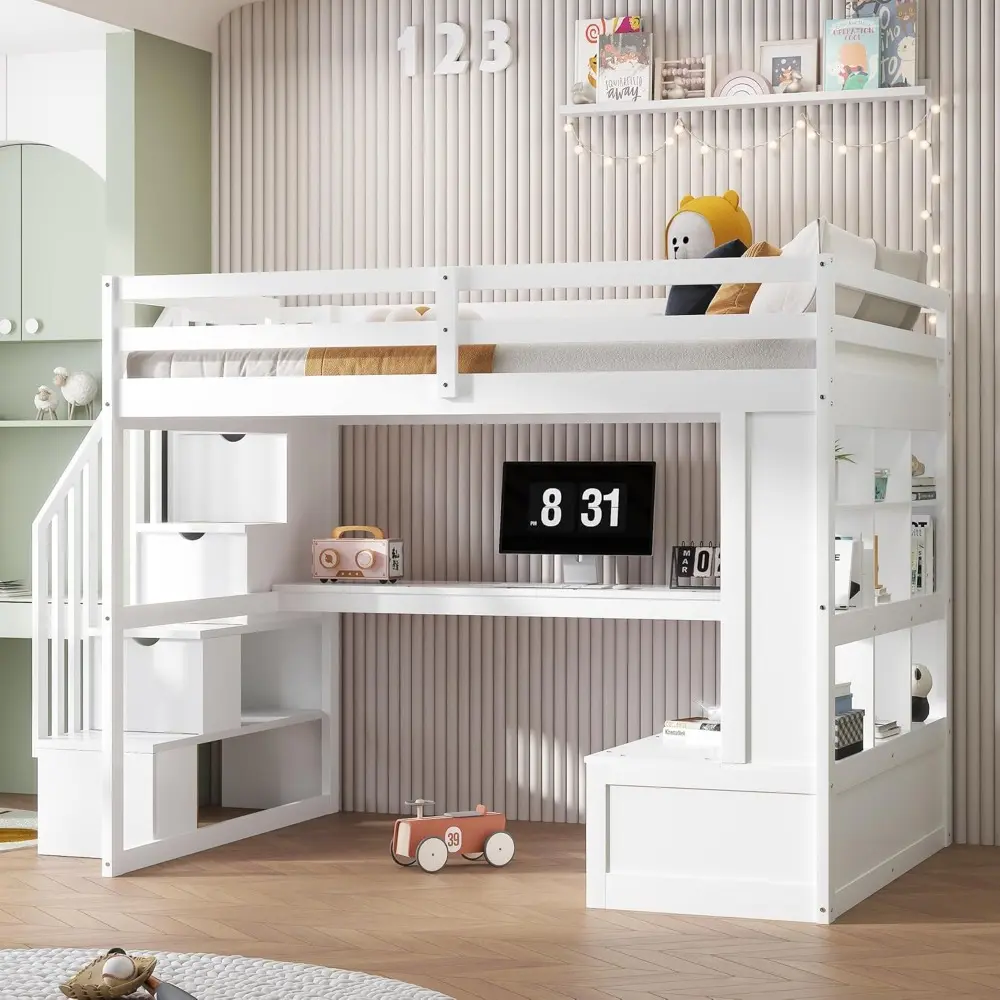 Harper & Bright Designs Full Size Loft Bed with Shelves and Desk,Solid Wood Loft Bed Frame w/Safety Guardrail and Storage Stairc