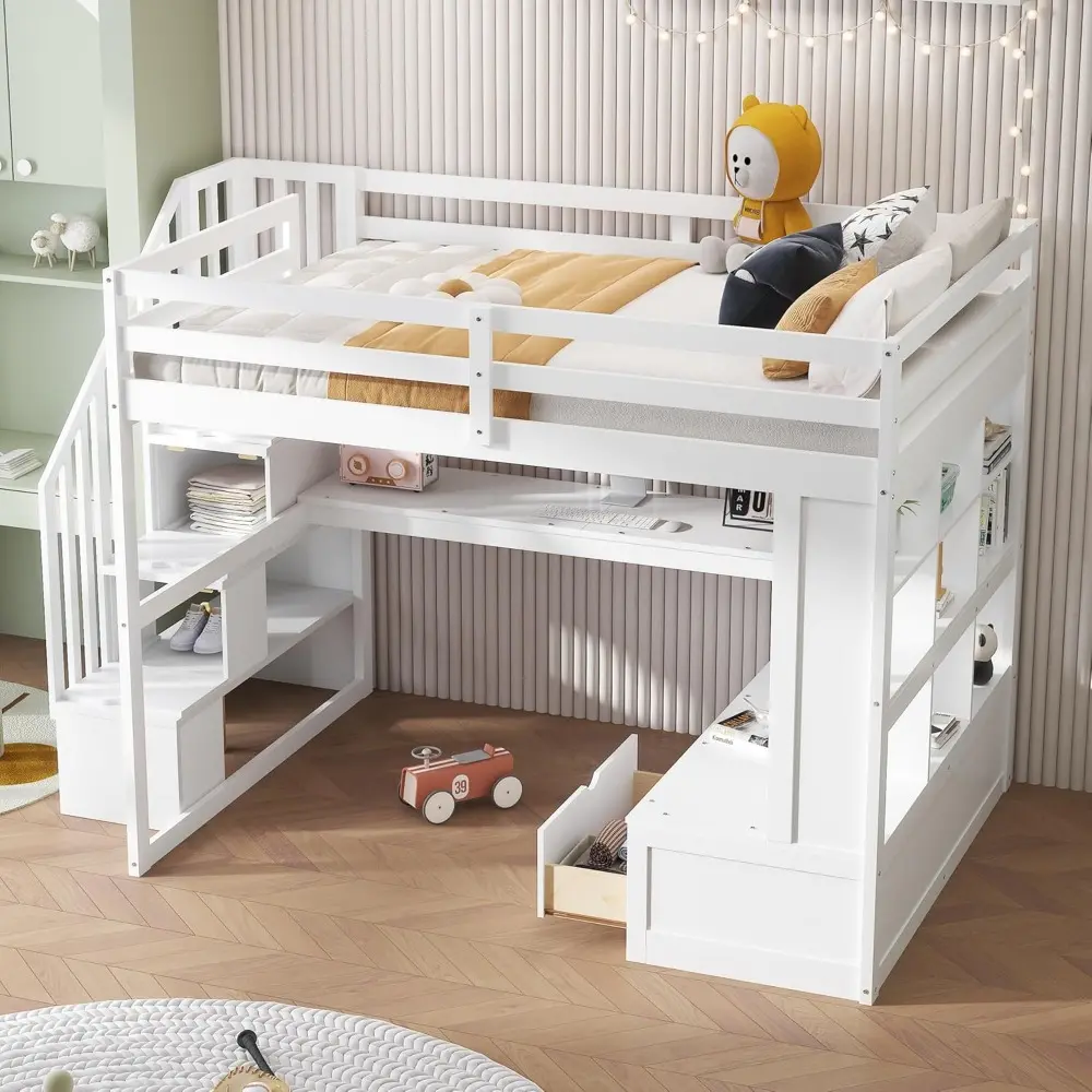 Harper & Bright Designs Full Size Loft Bed with Shelves and Desk,Solid Wood Loft Bed Frame w/Safety Guardrail and Storage Stairc