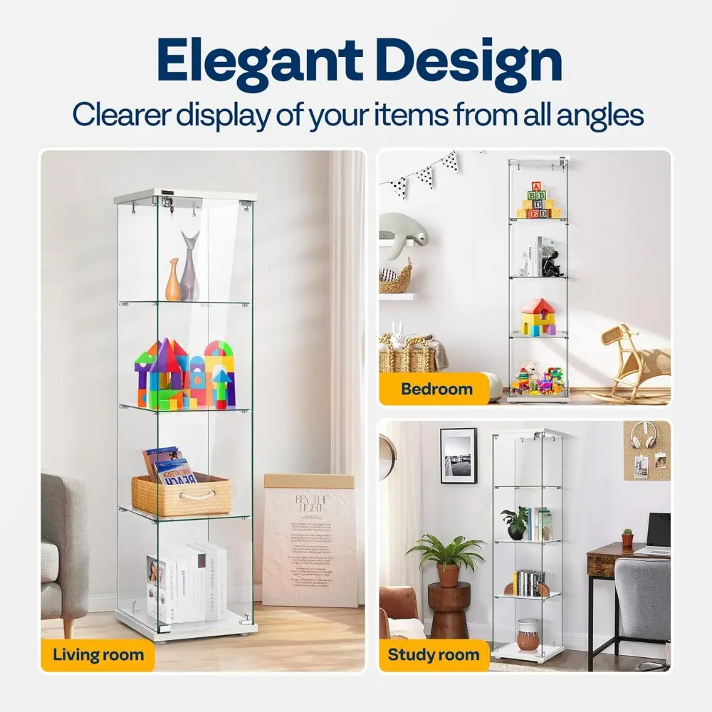 4 Layers 15.7''W x 15.7''D x 62.6''H Glass Display Cabinet Countertop Showcase with Lock, 5mm Tempered Glass 25mm MDF Base