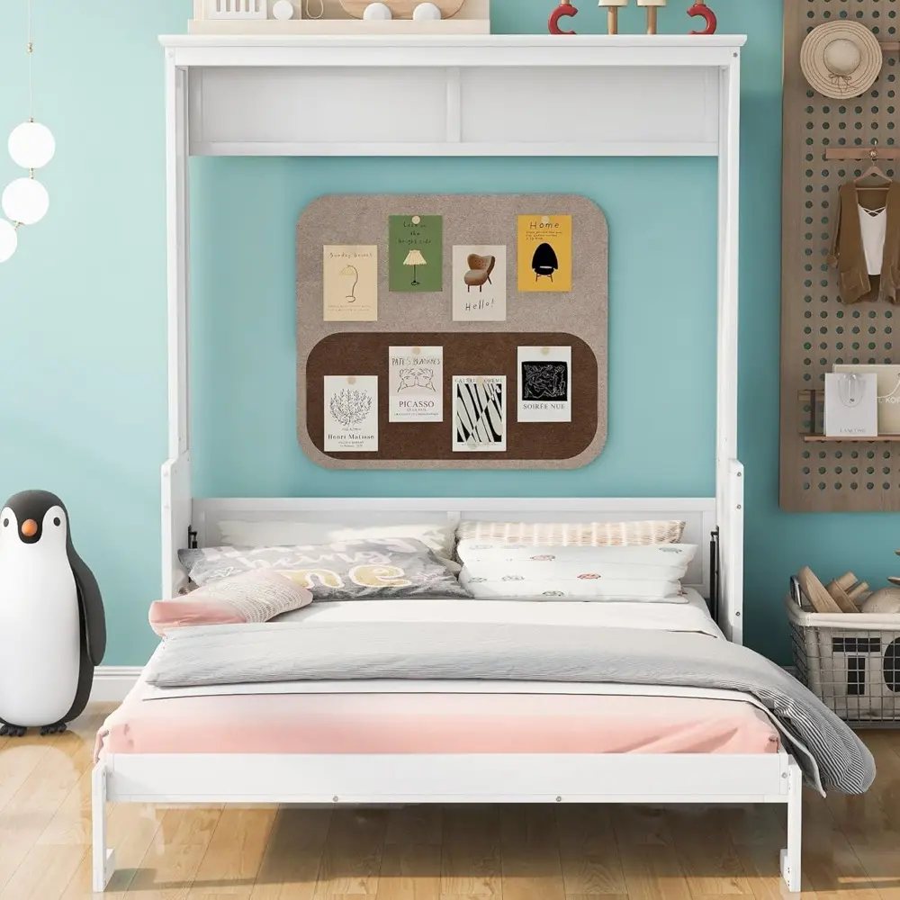 Queen Size Murphy Bed with Foldable Shelf/Desk, Wall Bed Cabinet with Storage Shelves, Solid Pine Wood Murphy Bed Frame with Des