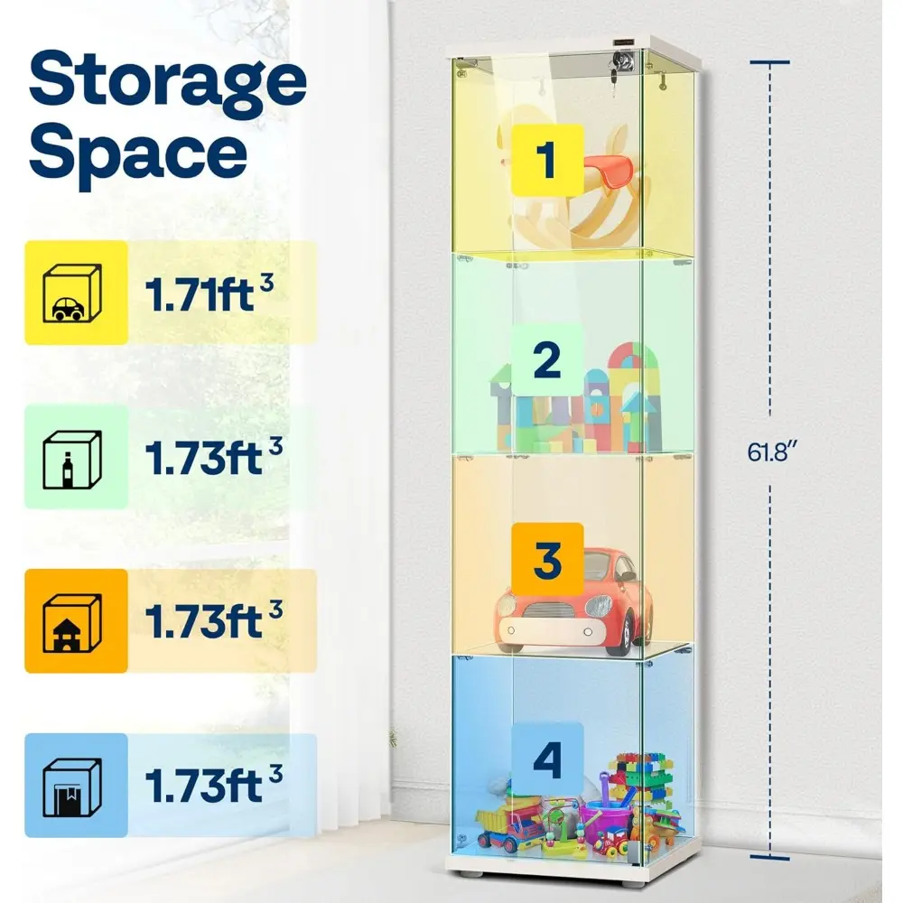 4 Layers 15.7''W x 15.7''D x 62.6''H Glass Display Cabinet Countertop Showcase with Lock, 5mm Tempered Glass 25mm MDF Base