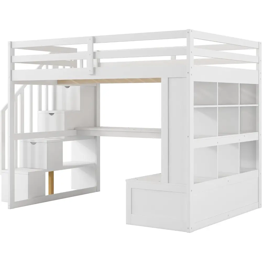 Harper & Bright Designs Full Size Loft Bed with Shelves and Desk,Solid Wood Loft Bed Frame w/Safety Guardrail and Storage Stairc