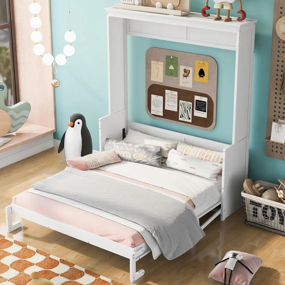 Queen Size Murphy Bed with Foldable Shelf/Desk, Wall Bed Cabinet with Storage Shelves, Solid Pine Wood Murphy Bed Frame with Des