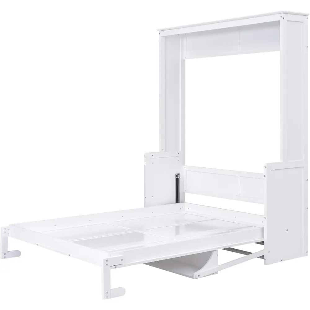 Queen Size Murphy Bed with Foldable Shelf/Desk, Wall Bed Cabinet with Storage Shelves, Solid Pine Wood Murphy Bed Frame with Des