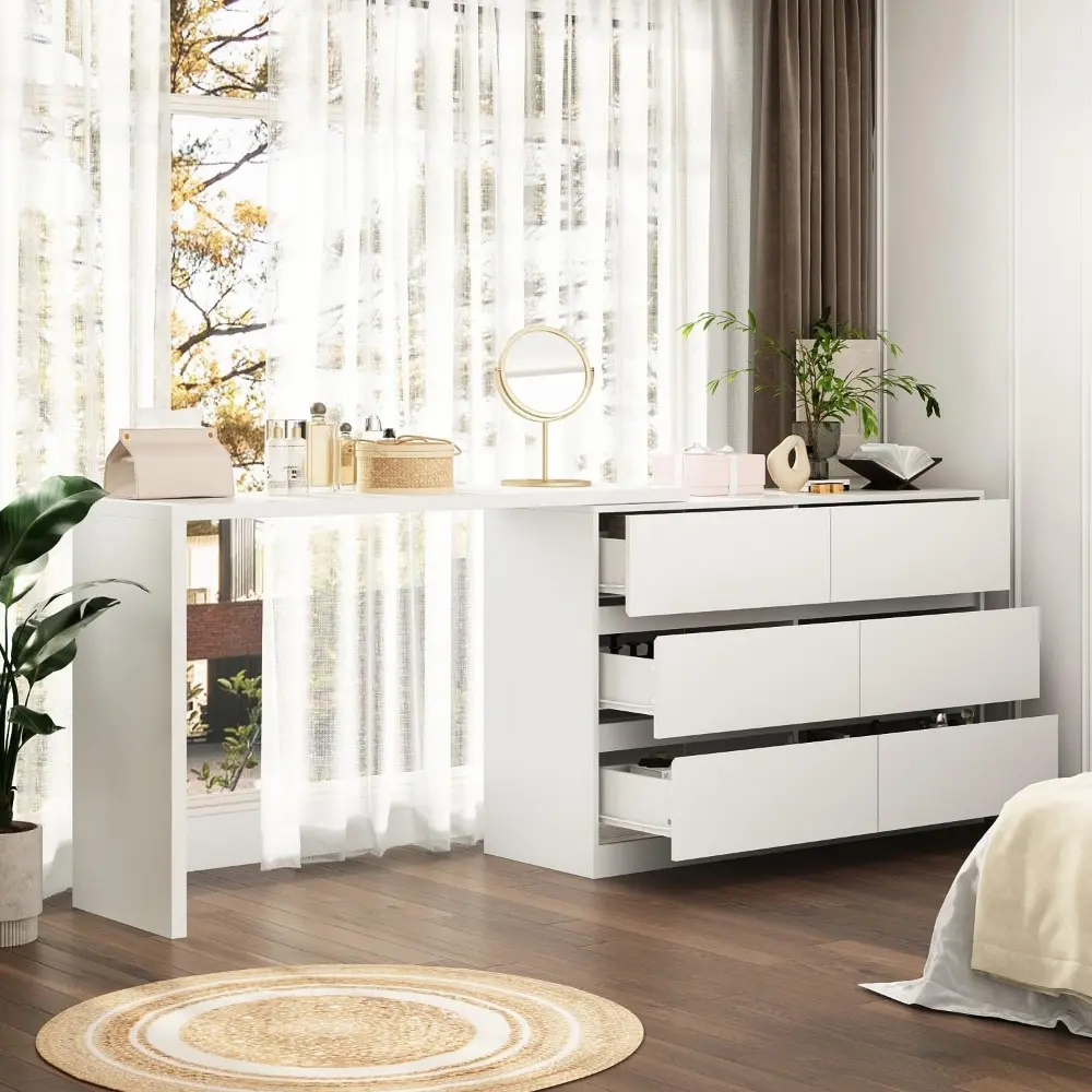 L-Shaped Dressing Table with 6 Drawers, Extendable Vanity Desk and Dresser Combo, Wood Vanity Dresser Makeup Desk, Wide Desktop,