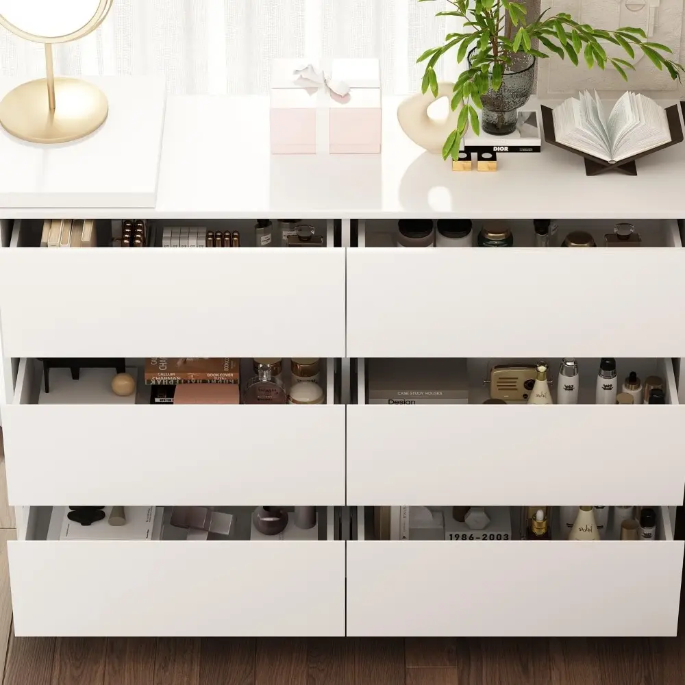 L-Shaped Dressing Table with 6 Drawers, Extendable Vanity Desk and Dresser Combo, Wood Vanity Dresser Makeup Desk, Wide Desktop,