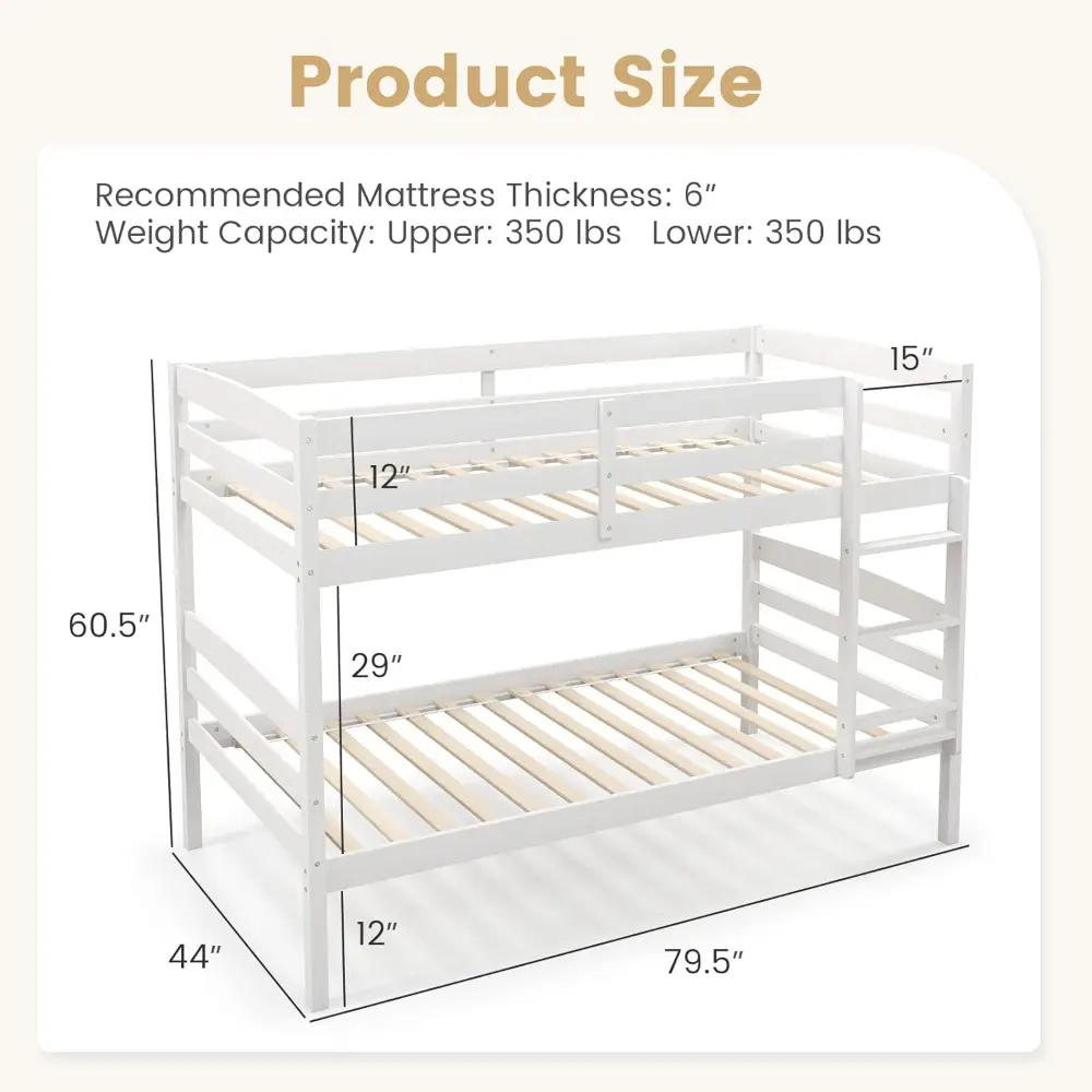 Twin Over Twin Solid Wood Bunk Bed with Detachable Frame, High Guardrails, and Integrated Ladder
