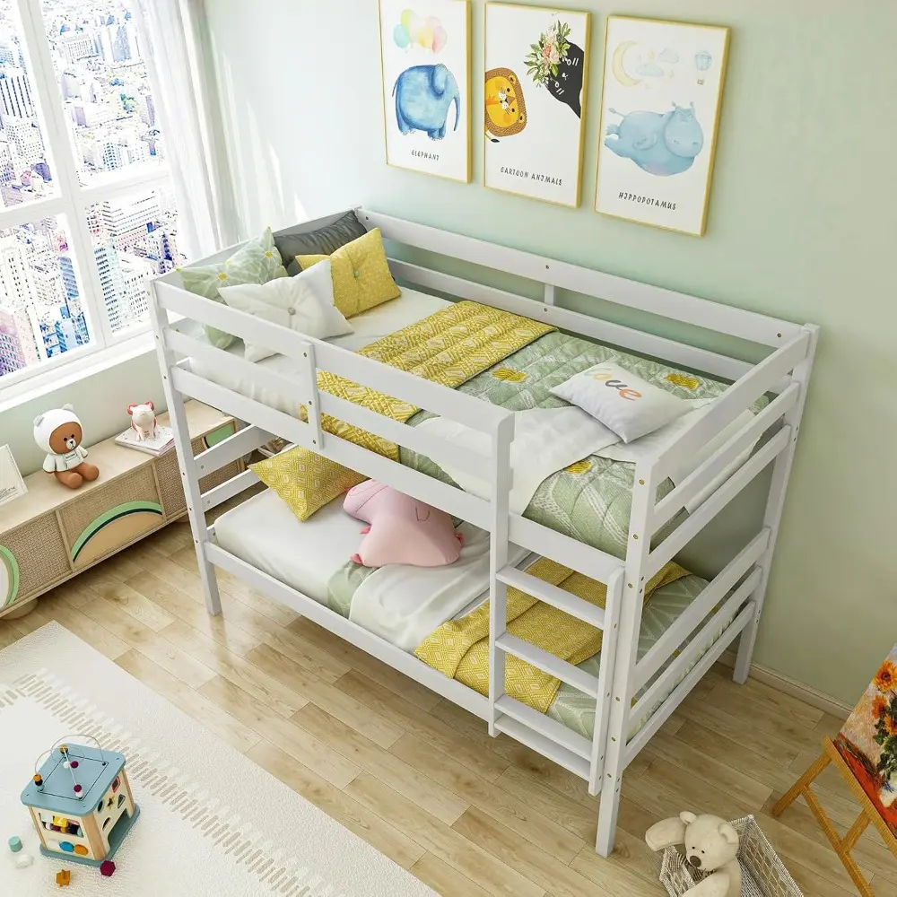 Twin Over Twin Solid Wood Bunk Bed with Detachable Frame, High Guardrails, and Integrated Ladder
