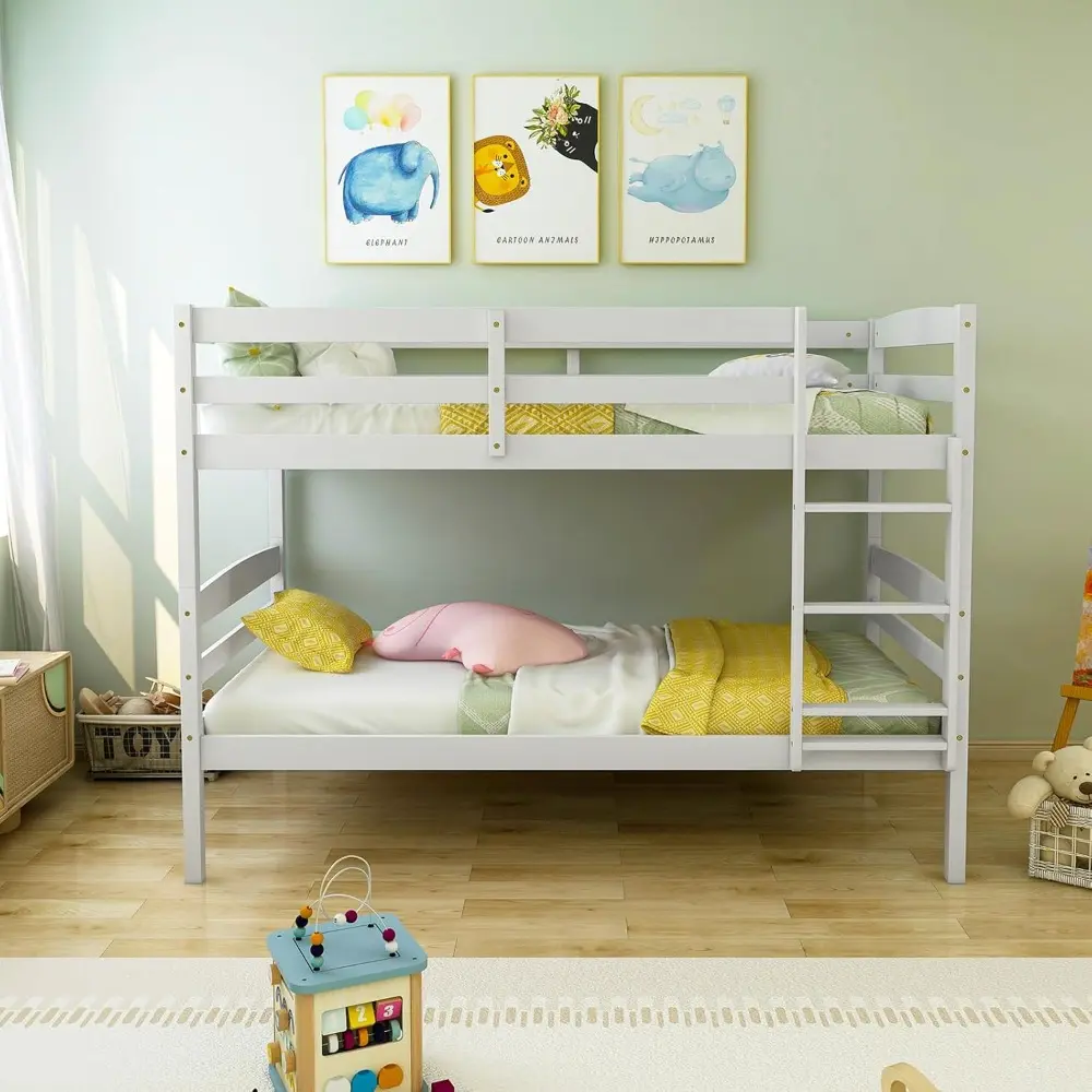 Twin Over Twin Solid Wood Bunk Bed with Detachable Frame, High Guardrails, and Integrated Ladder