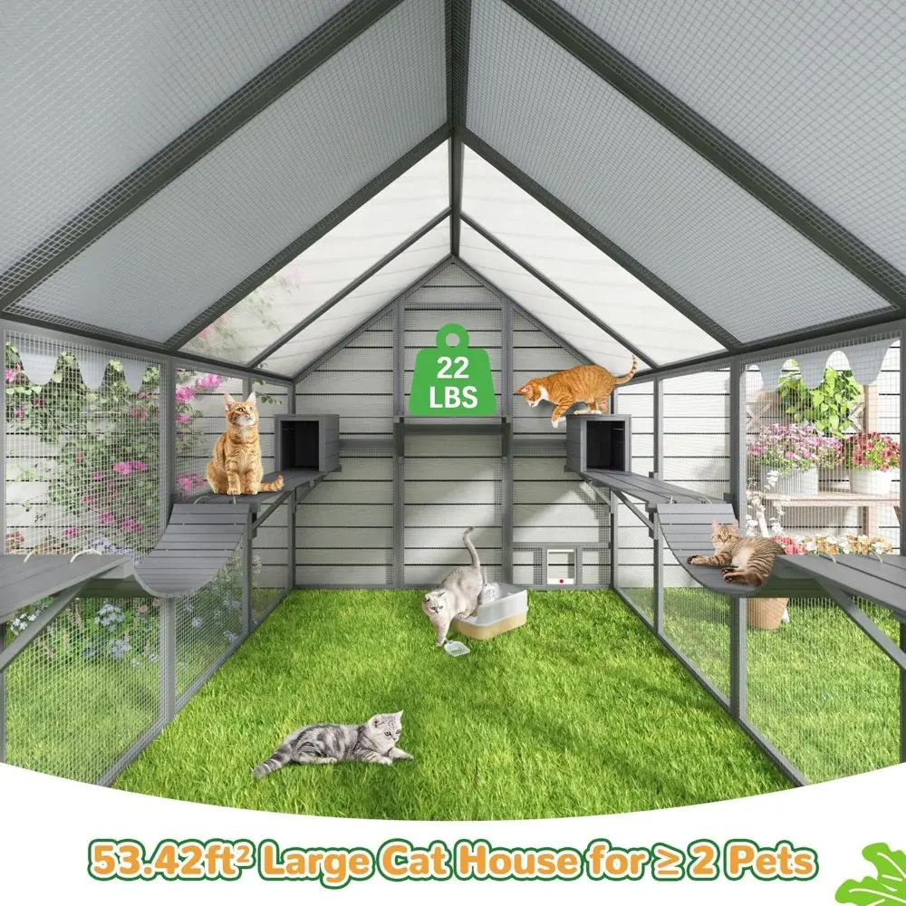 Large Catio Outdoor Cat Enclosure, 53.5ft² Extra Large Outdoor Catio for Multiple Cats, Big Wooden Walk-in Outside Cattery Cat R