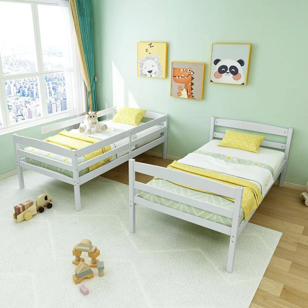 Twin Over Twin Solid Wood Bunk Bed with Detachable Frame, High Guardrails, and Integrated Ladder