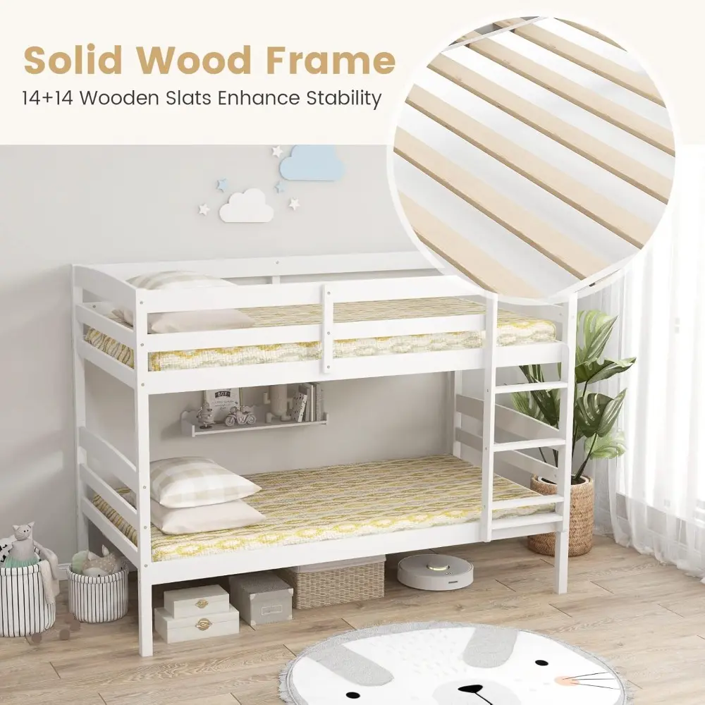 Twin Over Twin Solid Wood Bunk Bed with Detachable Frame, High Guardrails, and Integrated Ladder