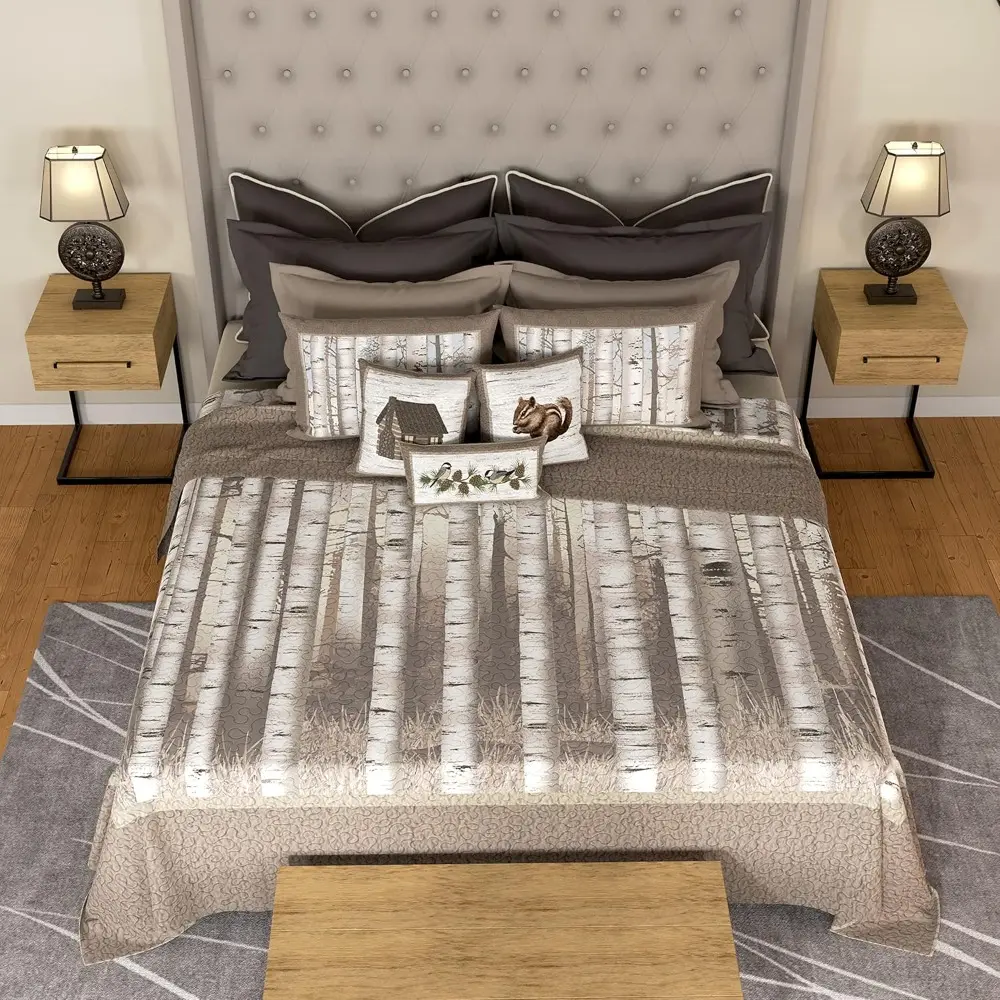 King Bedding Set - 3 Piece - Birch Forest Cotton Lodge Quilt Set with King Quilt and Two Standard Pillow Shams - Machine Washab