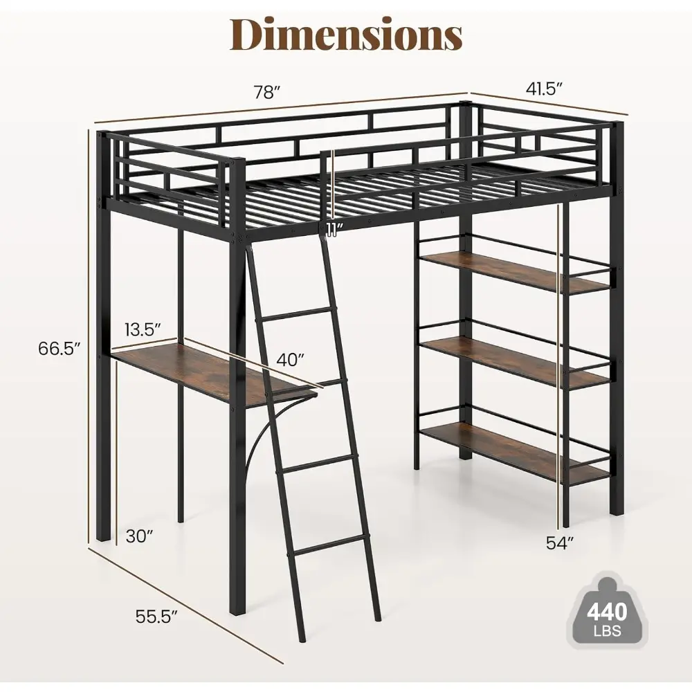 Twin Loft Bed with Desk and Storage, Metal Frame, Angled Ladder, and Full Guardrails