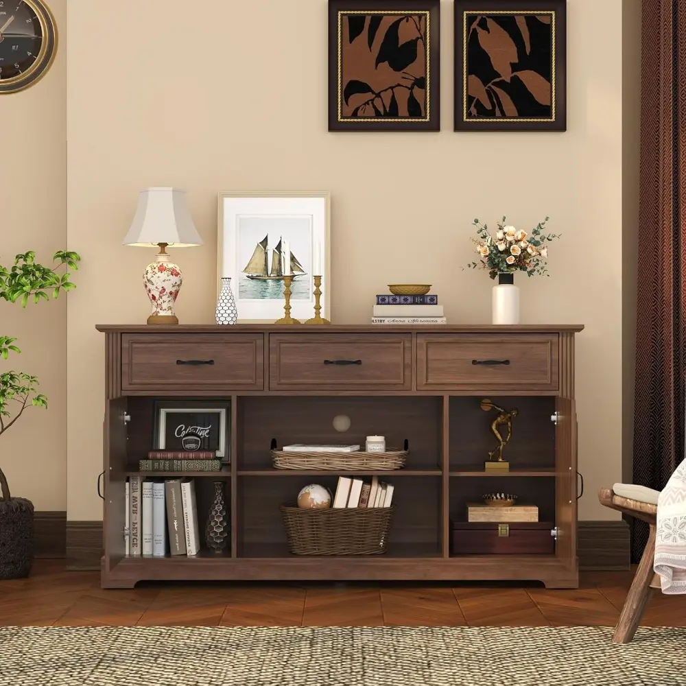 TV Stand with 3 Drawers for TV up to 65'', Wood Mid Century Television Cabinet with Adjustable Shelves, Entertainment Center wi