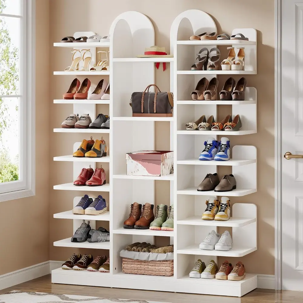 13-Tier White Shoe Rack, Freestanding Tall Entryway Shoe Organizer with Open Shelves, 40 Pairs Wide Wooden