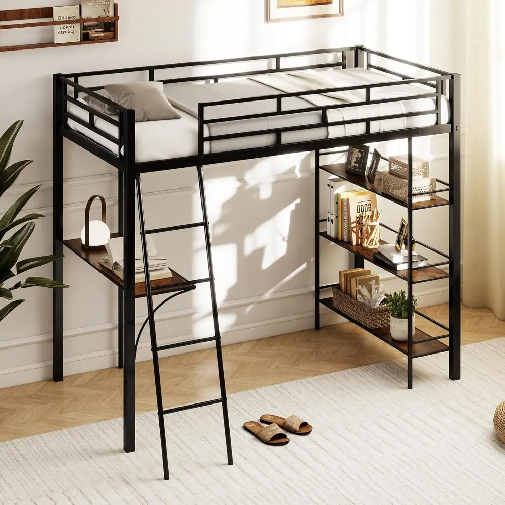 Twin Loft Bed with Desk and Storage, Metal Frame, Angled Ladder, and Full Guardrails