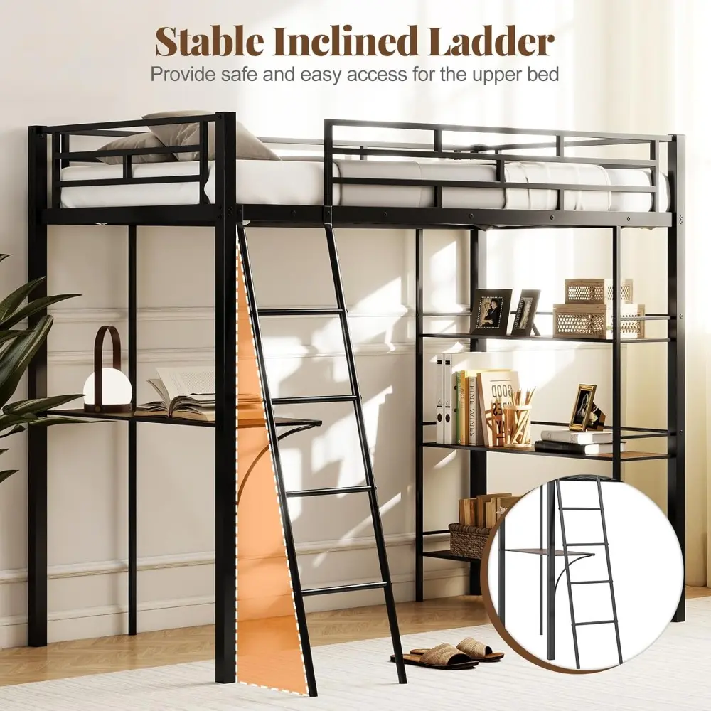 Twin Loft Bed with Desk and Storage, Metal Frame, Angled Ladder, and Full Guardrails