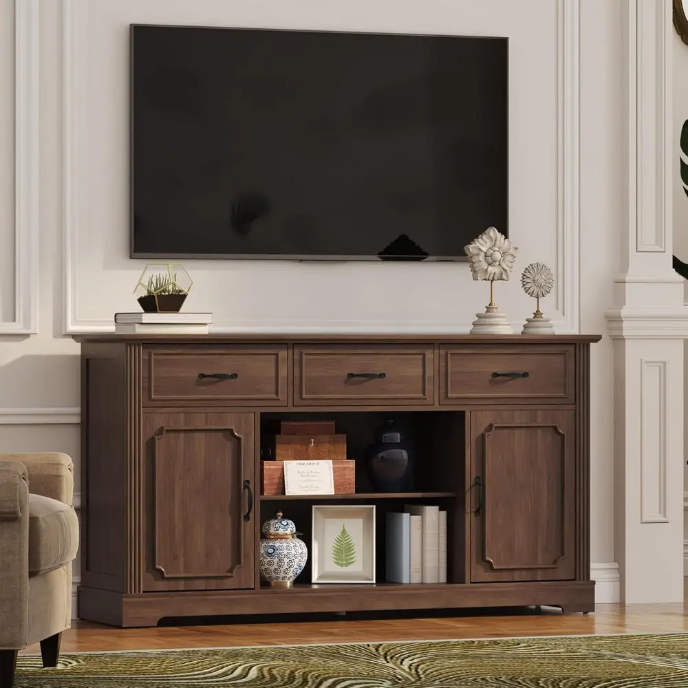 TV Stand with 3 Drawers for TV up to 65'', Wood Mid Century Television Cabinet with Adjustable Shelves, Entertainment Center wi