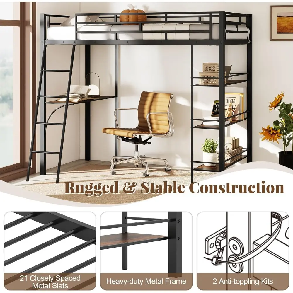 Twin Loft Bed with Desk and Storage, Metal Frame, Angled Ladder, and Full Guardrails