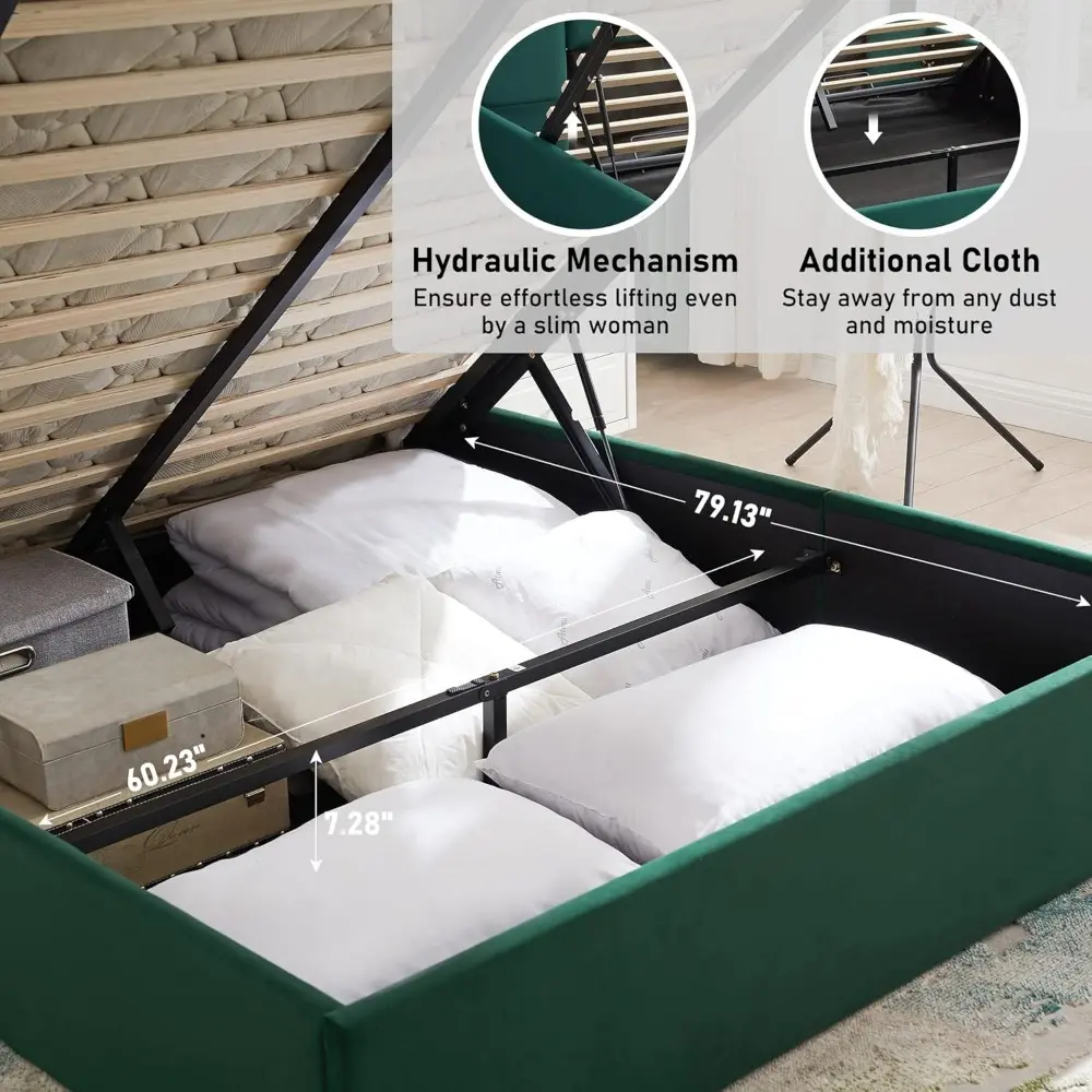 Lift Up Storage Bed Queen Size, Upholstered Platform Bed with Hydraulic Storage System & Wood Slats Support, Queen Bed Frame wit