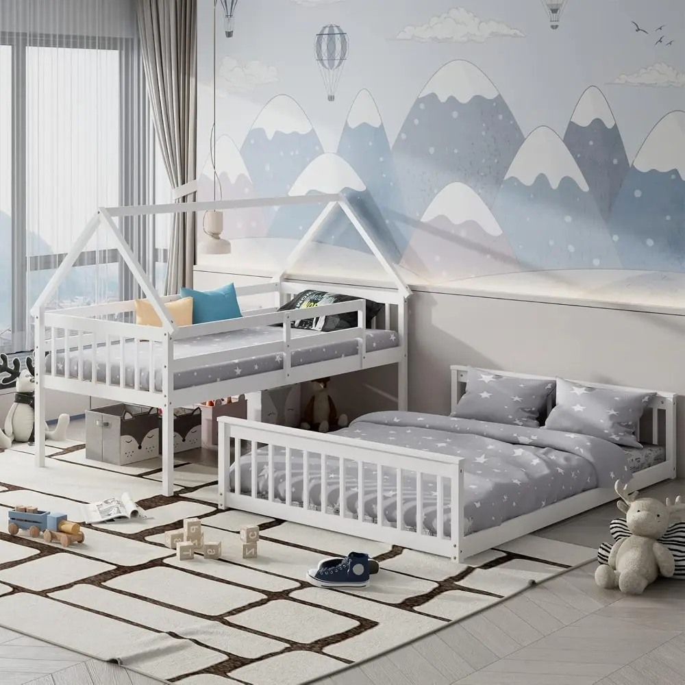 "Giantex Twin-Over-Full Wood Bunk Bed with Ladder and Safety Rails, Convertible to Two Single Beds"