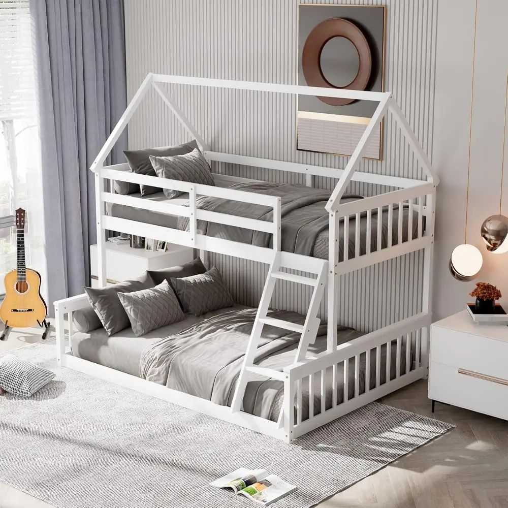 "Giantex Twin-Over-Full Wood Bunk Bed with Ladder and Safety Rails, Convertible to Two Single Beds"