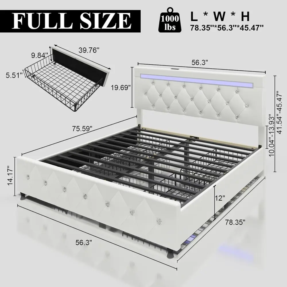 Full Size Bed Frame with 4 Storage Drawers and LED Light, Upholstered Platform Storage Bed with Adjustable Headboard and Chargin