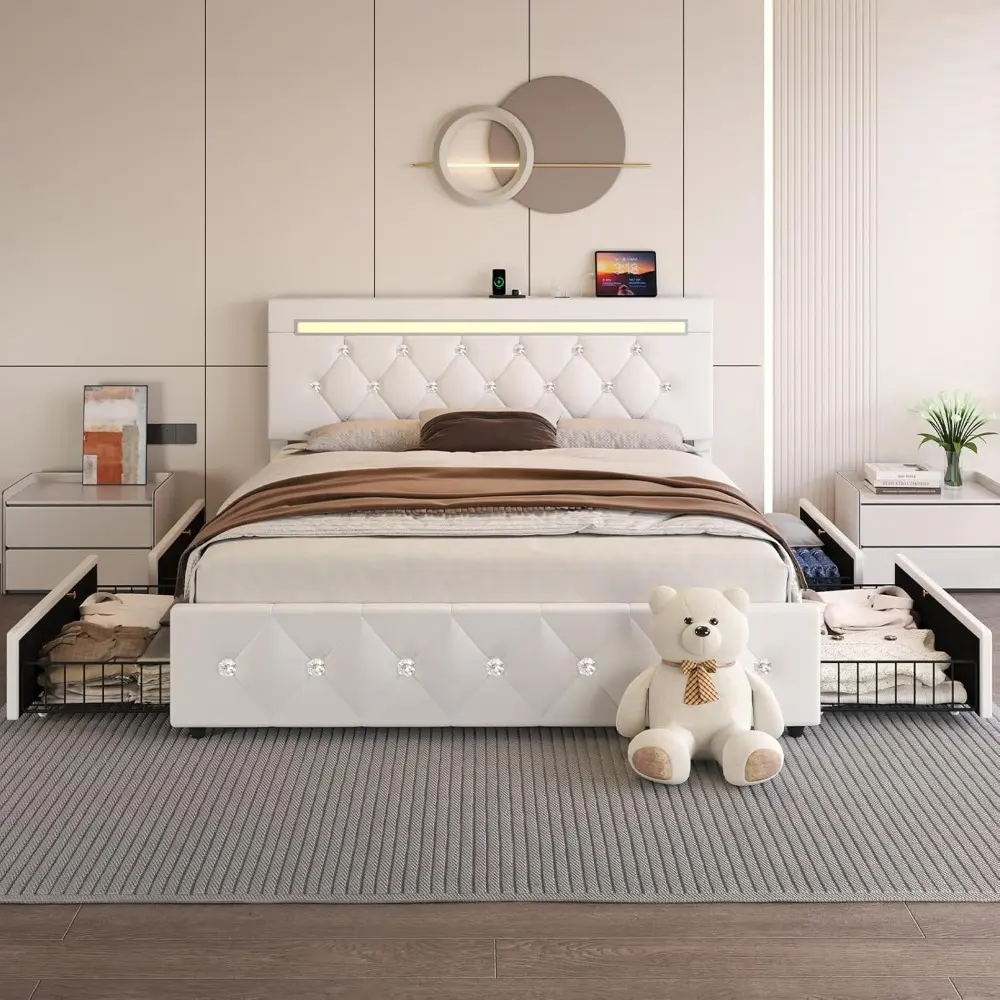 Full Size Bed Frame with 4 Storage Drawers and LED Light, Upholstered Platform Storage Bed with Adjustable Headboard and Chargin