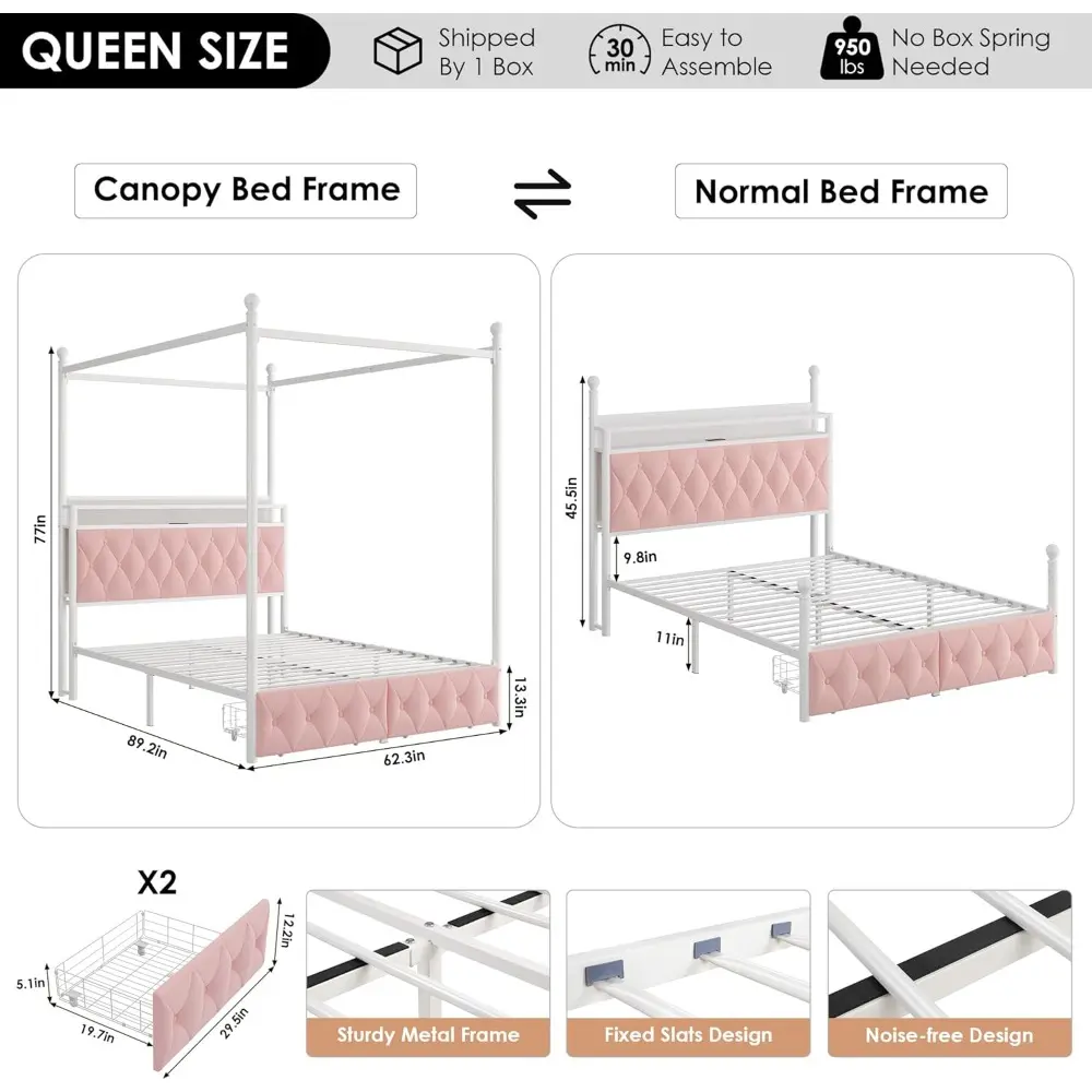 HIFIT Queen Size Upholstered LED Canopy Bed Frame with Storage and Charging Station, Button Tufted Storage Headboard with Booksh