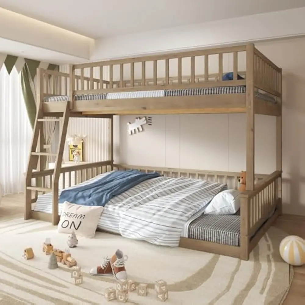 "GDFStudio XL Size Queen Over Full Bunk Bed - Detachable, Ladder & Guardrails, Walnut Wood Frame, Space-Saving Design"