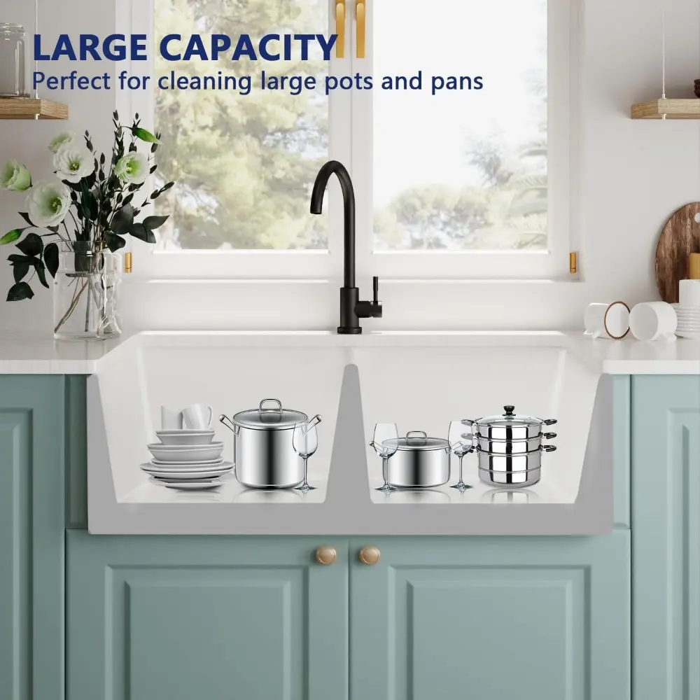 Double Bowl Farmhouse Sink  33 inch Fireclay Farm Kitchen Sink Apron Front Double Bowl White Ceramic Kitchen Sinks Drop in Sink