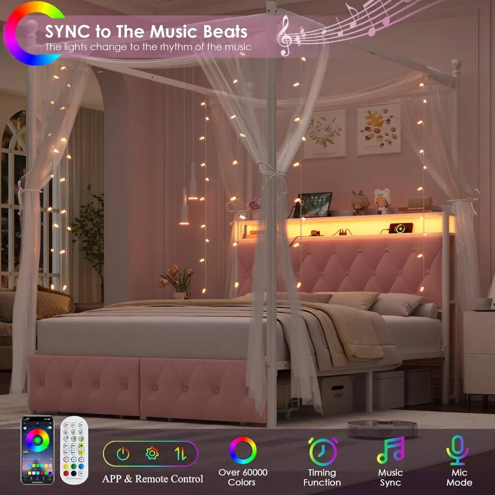 HIFIT Queen Size Upholstered LED Canopy Bed Frame with Storage and Charging Station, Button Tufted Storage Headboard with Booksh