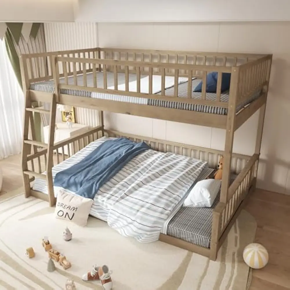 "GDFStudio XL Size Queen Over Full Bunk Bed - Detachable, Ladder & Guardrails, Walnut Wood Frame, Space-Saving Design"
