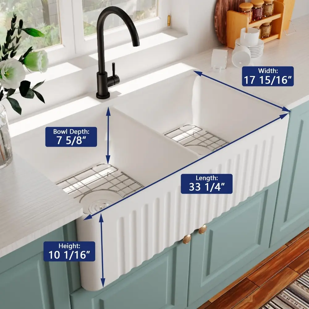 Double Bowl Farmhouse Sink  33 inch Fireclay Farm Kitchen Sink Apron Front Double Bowl White Ceramic Kitchen Sinks Drop in Sink