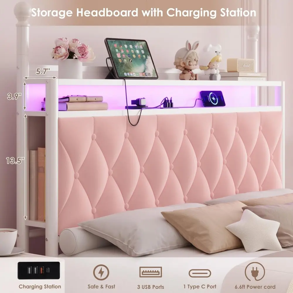 HIFIT Queen Size Upholstered LED Canopy Bed Frame with Storage and Charging Station, Button Tufted Storage Headboard with Booksh