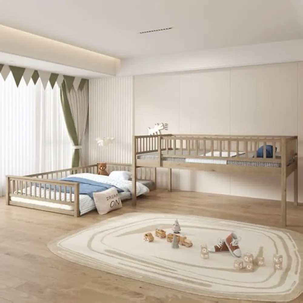 "GDFStudio XL Size Queen Over Full Bunk Bed - Detachable, Ladder & Guardrails, Walnut Wood Frame, Space-Saving Design"