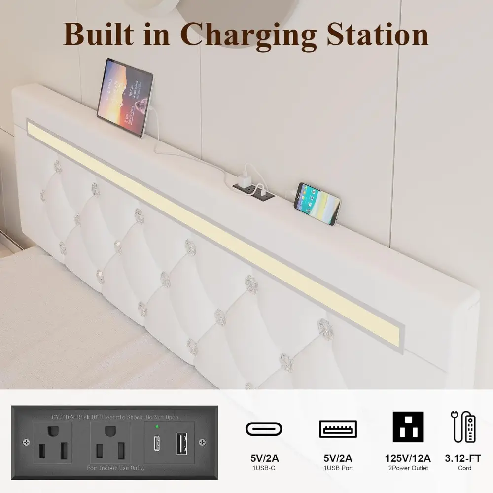 Full Size Bed Frame with 4 Storage Drawers and LED Light, Upholstered Platform Storage Bed with Adjustable Headboard and Chargin