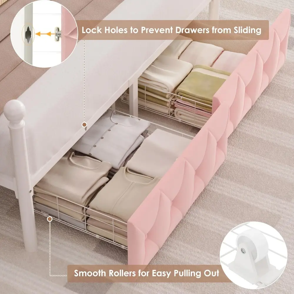 HIFIT Queen Size Upholstered LED Canopy Bed Frame with Storage and Charging Station, Button Tufted Storage Headboard with Booksh