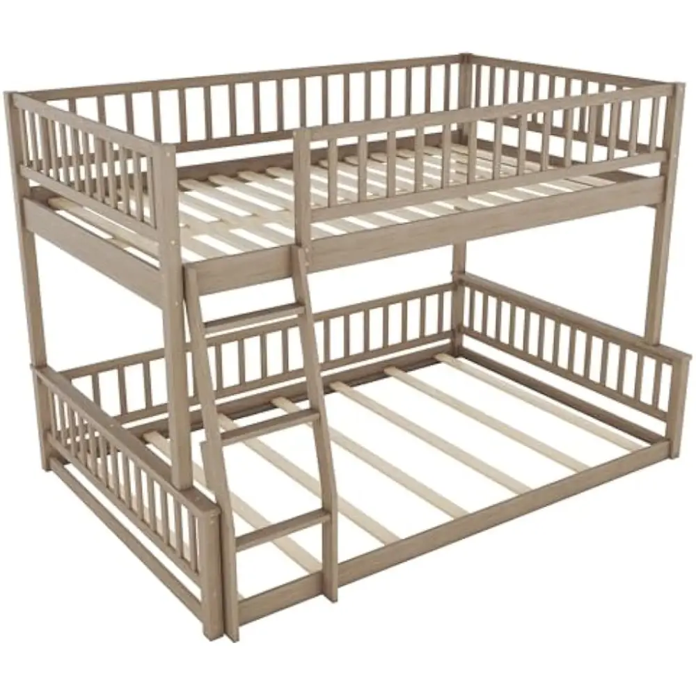 "GDFStudio XL Size Queen Over Full Bunk Bed - Detachable, Ladder & Guardrails, Walnut Wood Frame, Space-Saving Design"