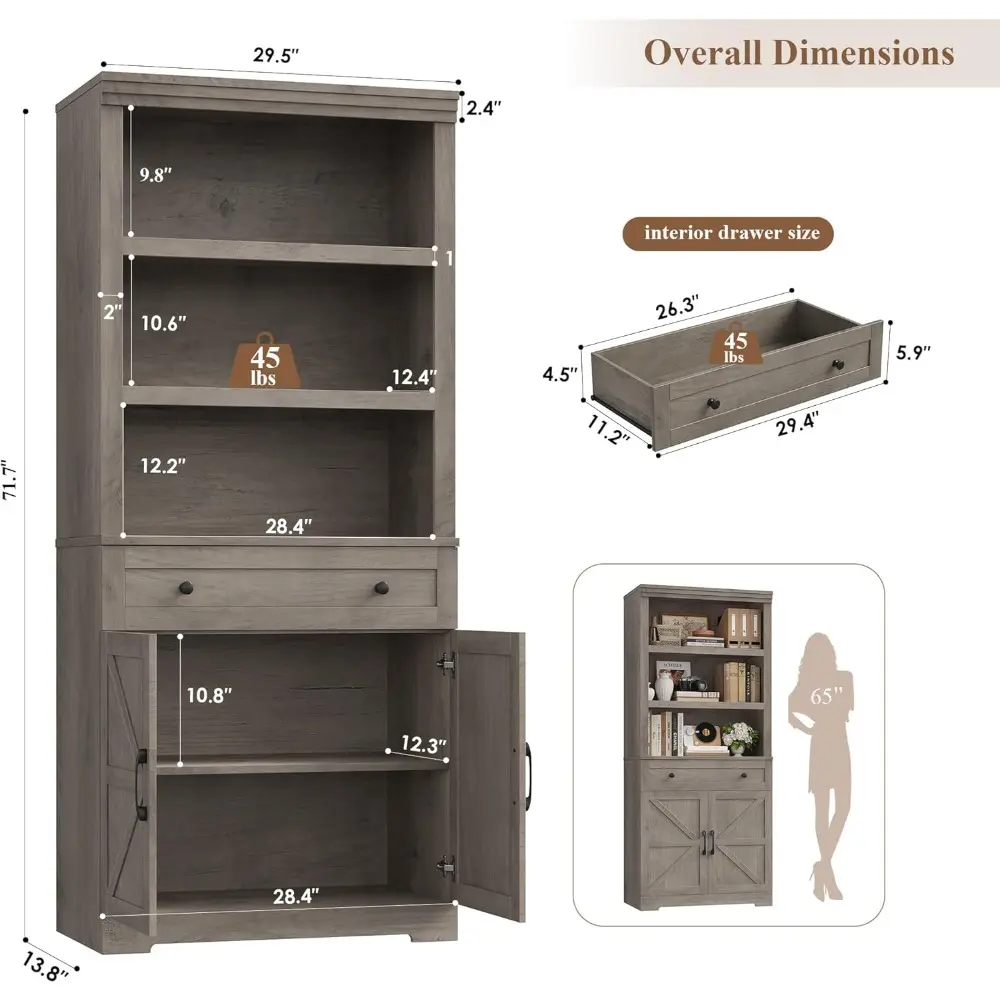 72" Tall Book Shelf and Bookcase, 14" Deep Bookshelf with Drawer and Door, Farmhouse Book Case with Storage, Wood Storage Cabin