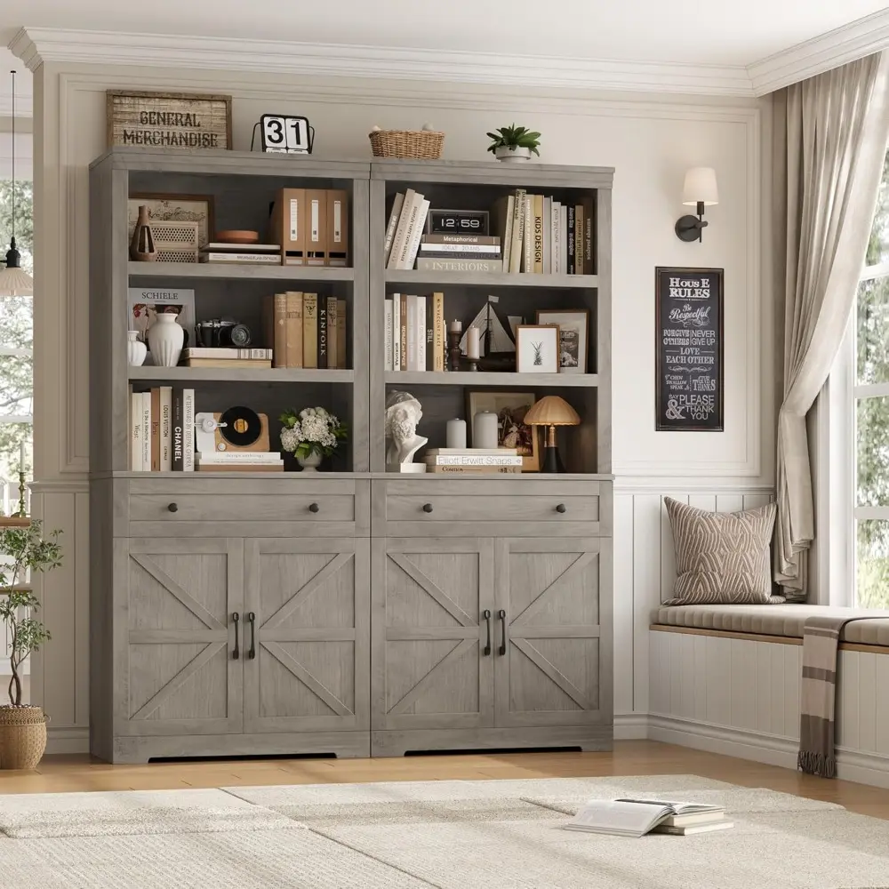 72" Tall Book Shelf and Bookcase, 14" Deep Bookshelf with Drawer and Door, Farmhouse Book Case with Storage, Wood Storage Cabin