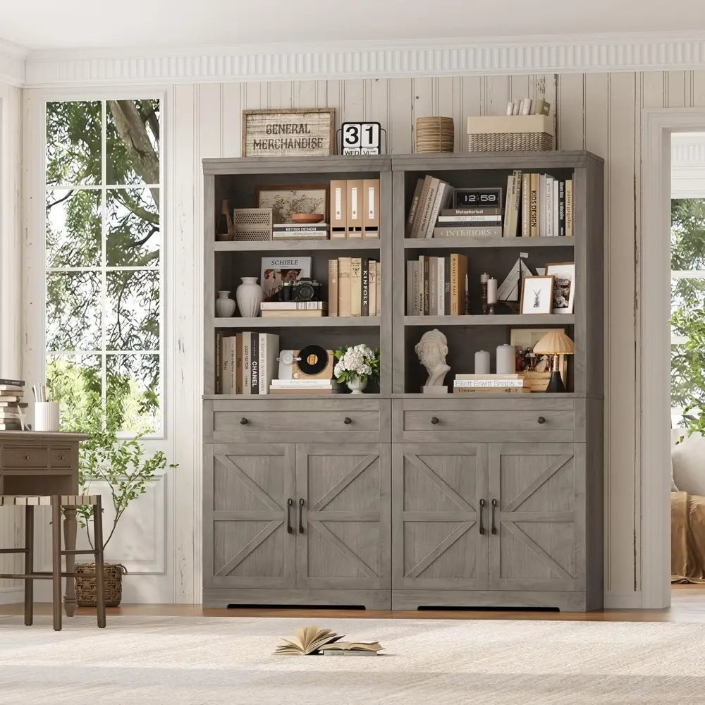 72" Tall Book Shelf and Bookcase, 14" Deep Bookshelf with Drawer and Door, Farmhouse Book Case with Storage, Wood Storage Cabin