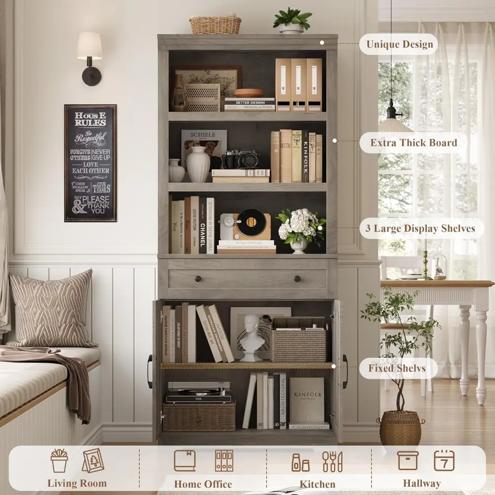 72" Tall Book Shelf and Bookcase, 14" Deep Bookshelf with Drawer and Door, Farmhouse Book Case with Storage, Wood Storage Cabin