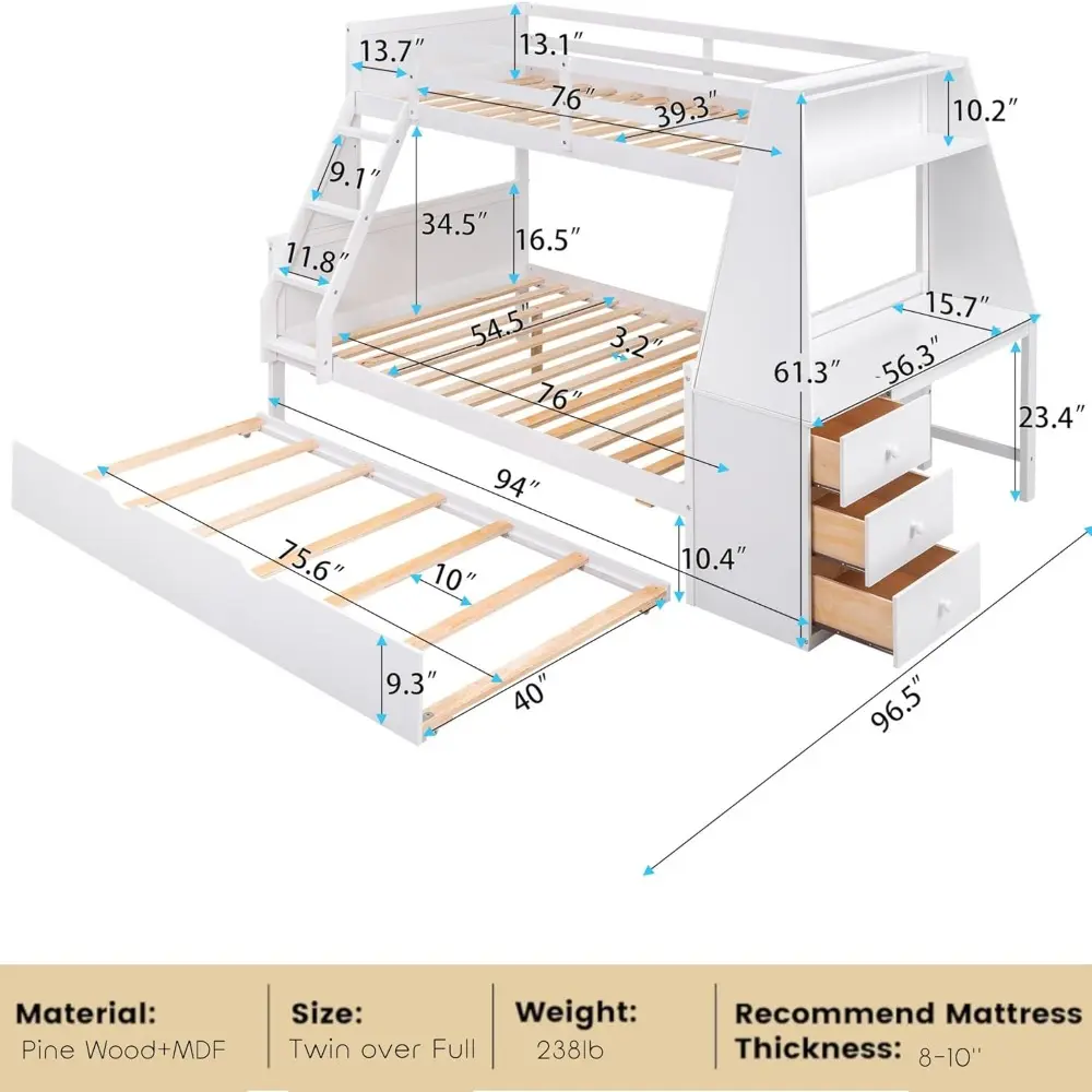"Wooden Twin Over Full Bunk Bed with Trundle and Desk, Featuring Three Drawers and One Shelf for Children's Rooms"