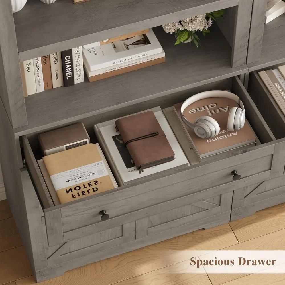 72" Tall Book Shelf and Bookcase, 14" Deep Bookshelf with Drawer and Door, Farmhouse Book Case with Storage, Wood Storage Cabin