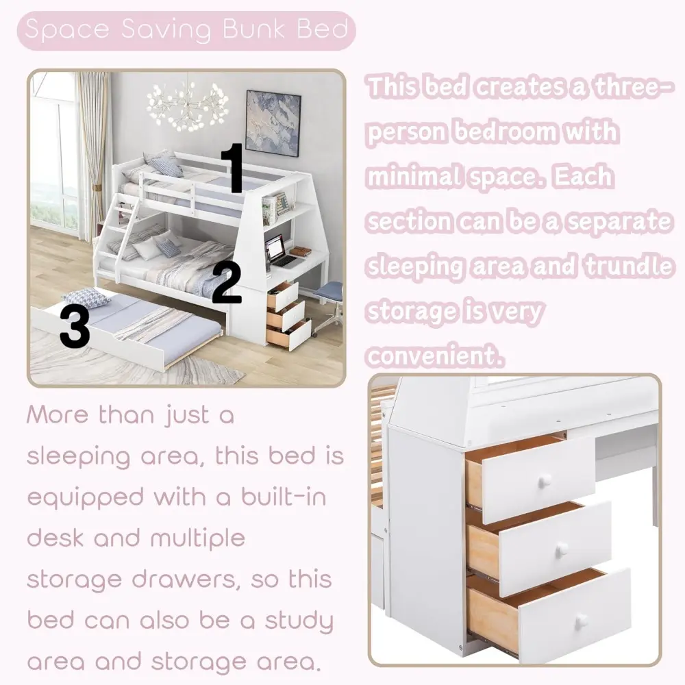 "Wooden Twin Over Full Bunk Bed with Trundle and Desk, Featuring Three Drawers and One Shelf for Children's Rooms"