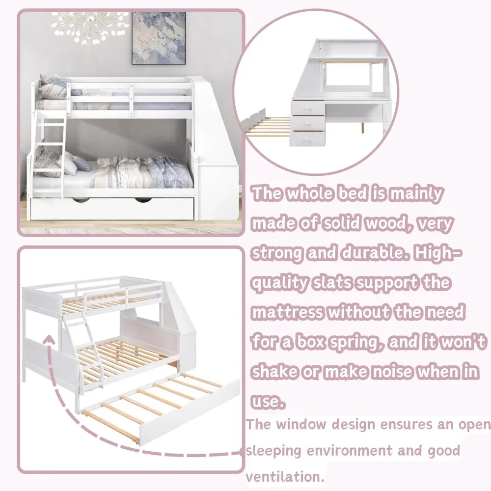 "Wooden Twin Over Full Bunk Bed with Trundle and Desk, Featuring Three Drawers and One Shelf for Children's Rooms"