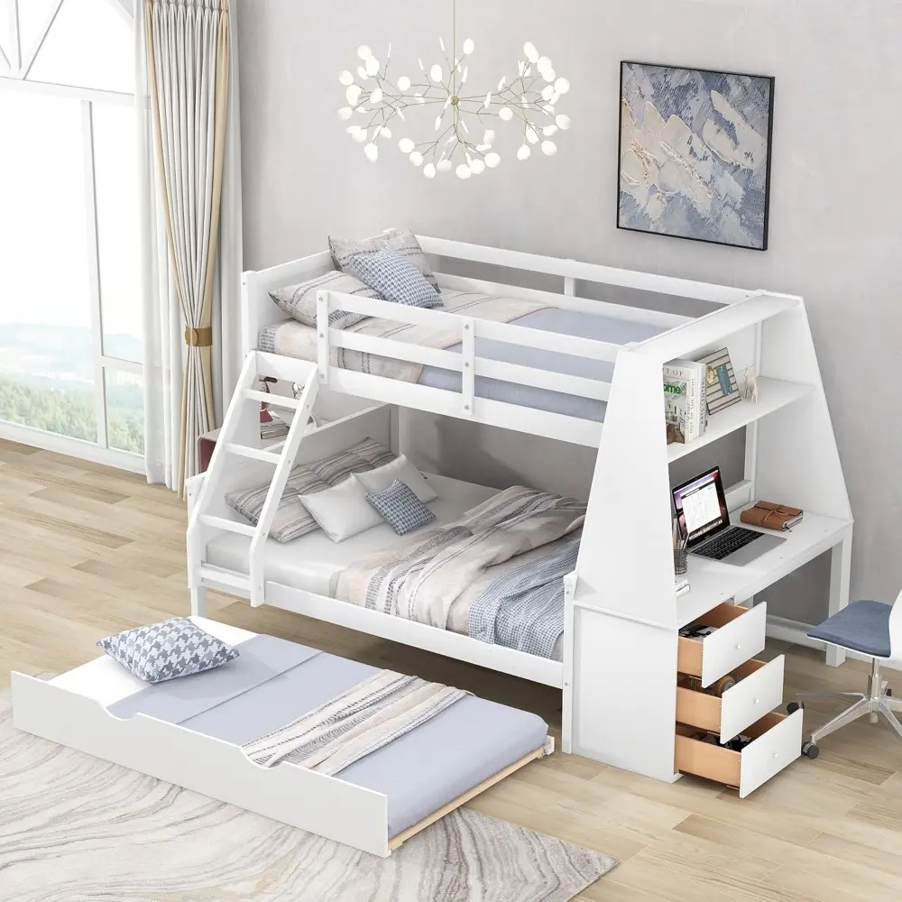 "Wooden Twin Over Full Bunk Bed with Trundle and Desk, Featuring Three Drawers and One Shelf for Children's Rooms"
